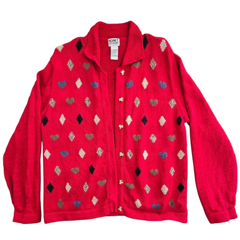 Vintage Cotton Koret City Blues Red Heart Pattern Knit Cardigan‎ Sweater Large